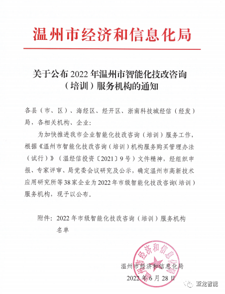 亚龙智能·为你赋能 | 亚龙智能装备集团股份有限公司入选为“2022年市级智能化技改咨询（培训）服务机构”